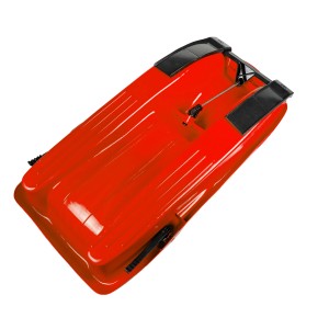 Roter Ondis24 Schlitten Super Bob mit Lenkrad und Bremse für Winterspaß.