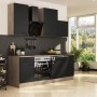 Flex-Well Küche Capri, 220 cm, Schwarz Matt/Eiche, mit E-Geräten und Spüle.