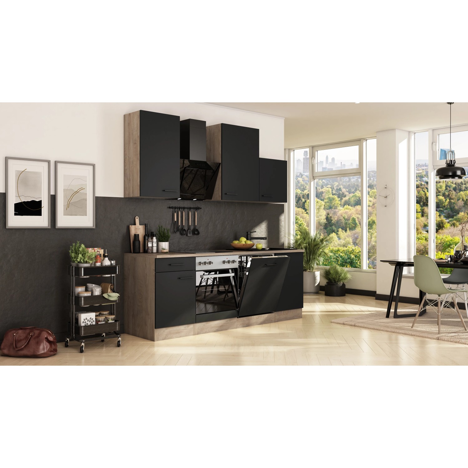 Flex-Well Küche Capri, 220 cm, Schwarz Matt/Eiche, mit E-Geräten und Spüle.