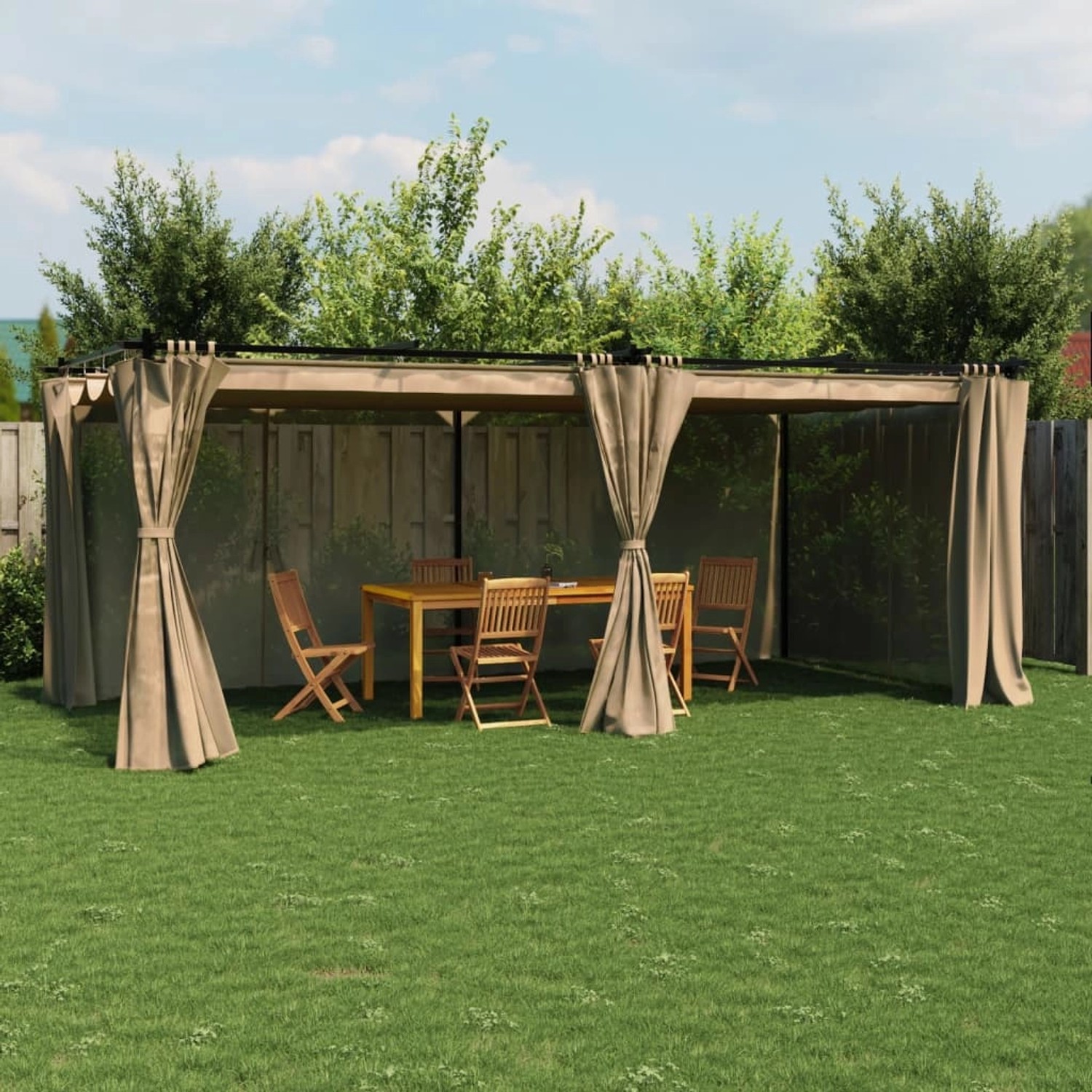 vidaXL Pavillon 6x3 m in Taupe mit Vorhängen und Stahlrahmen im Garten.