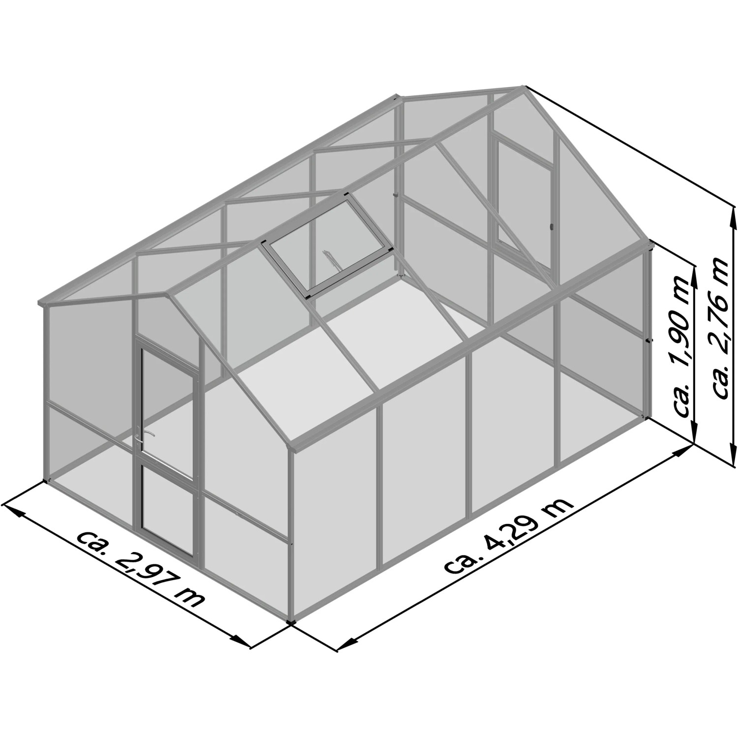 Abbildung des KGT Gewächshauses Tannengrün 12,74 m² mit Maßangaben.