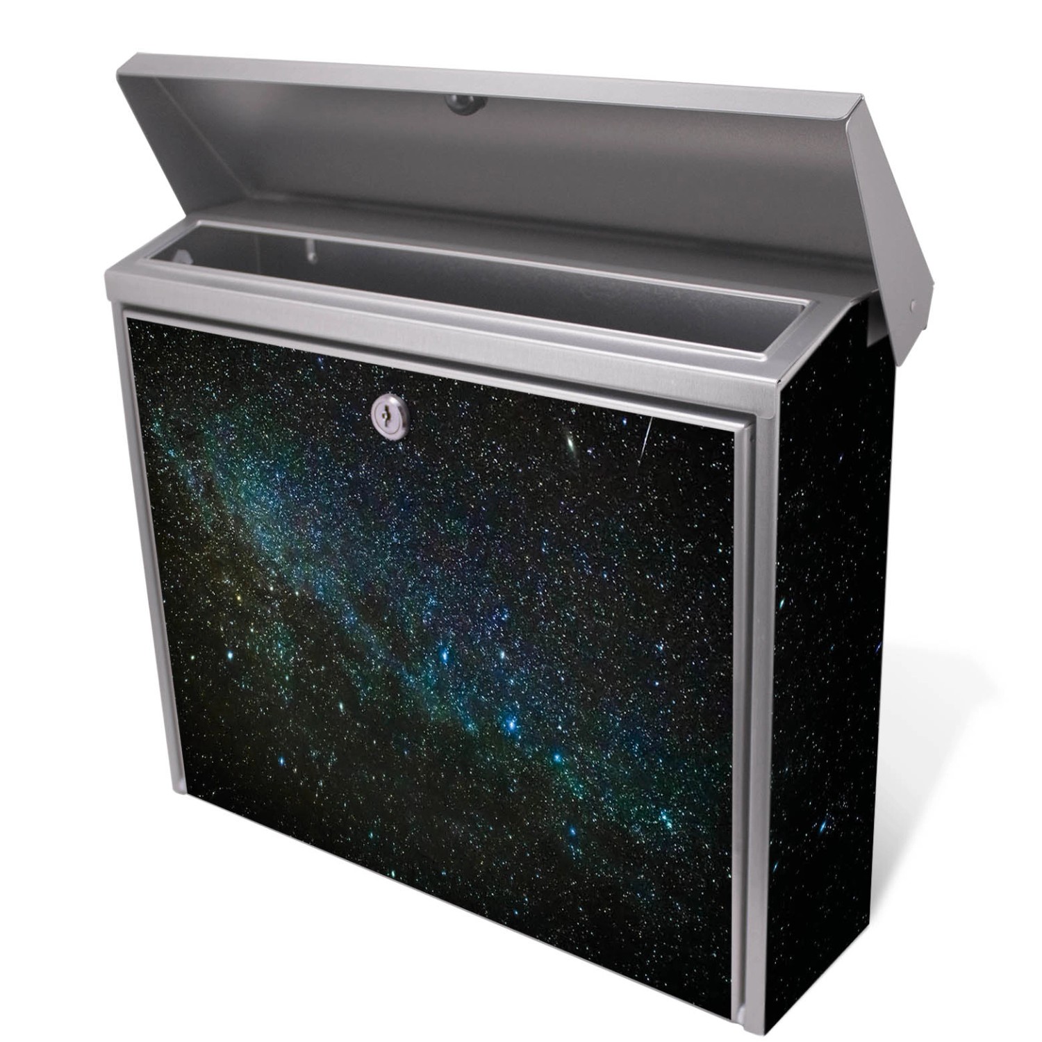 Banjado Edelstahl Briefkasten mit Nachthimmel Motiv, ohne Zeitungsfach.