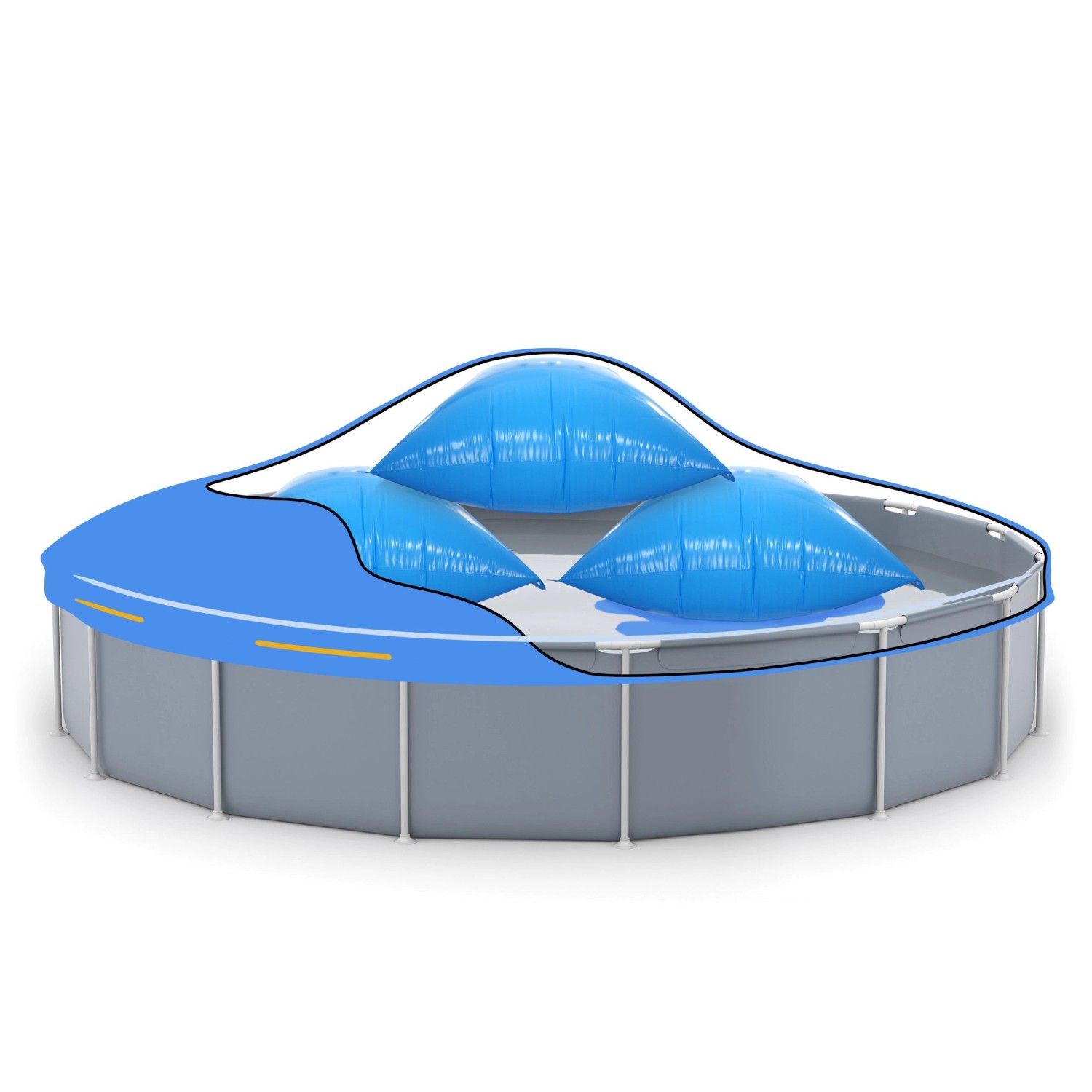 Pool mit blauen Höfer Chemie Winter Luftkissen unter einer Abdeckplane.