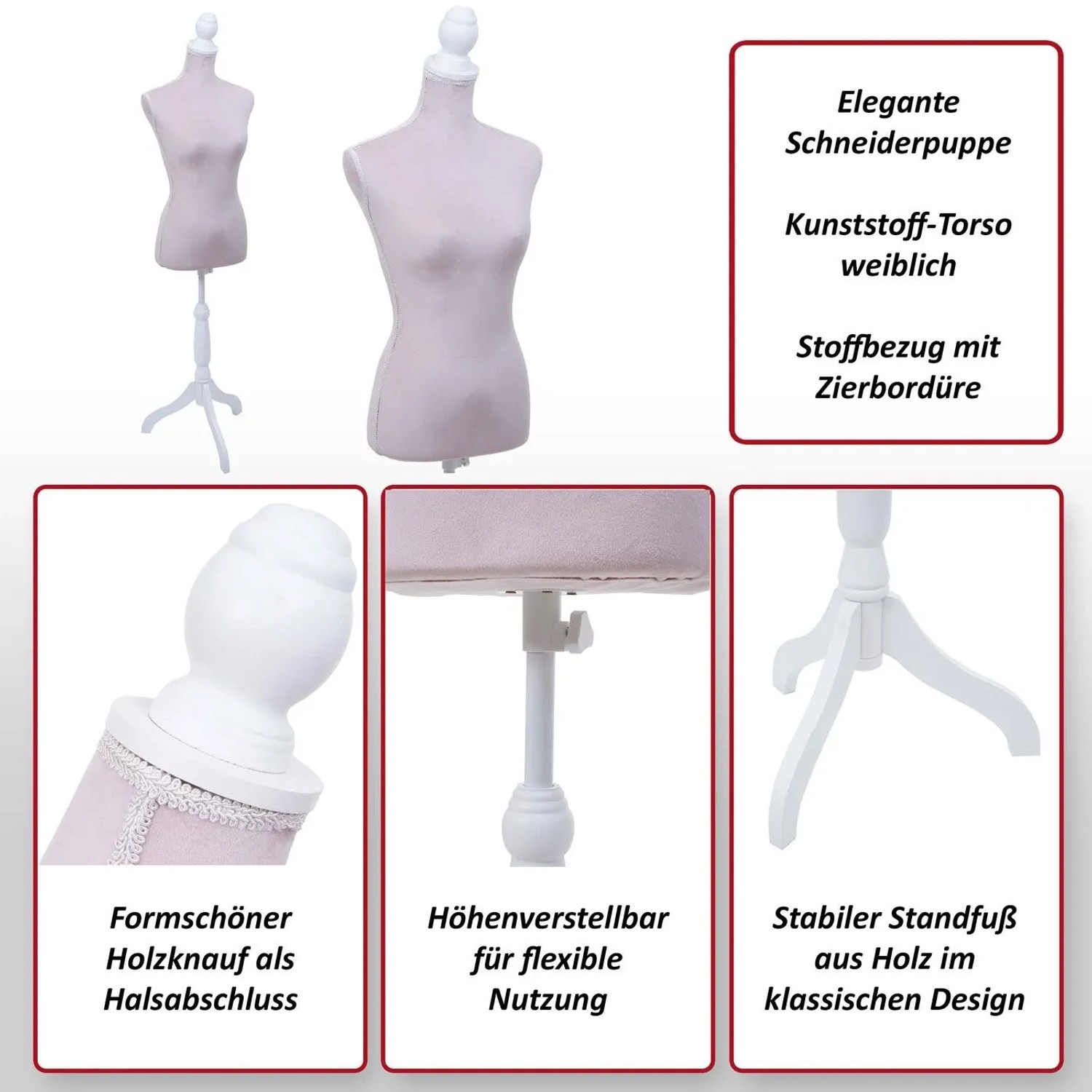 Elegante rosa Schneiderpuppe mit Stoffbezug, Zierbordüre, Holzknauf und höhenverstellbarem Holz-Standfuß.