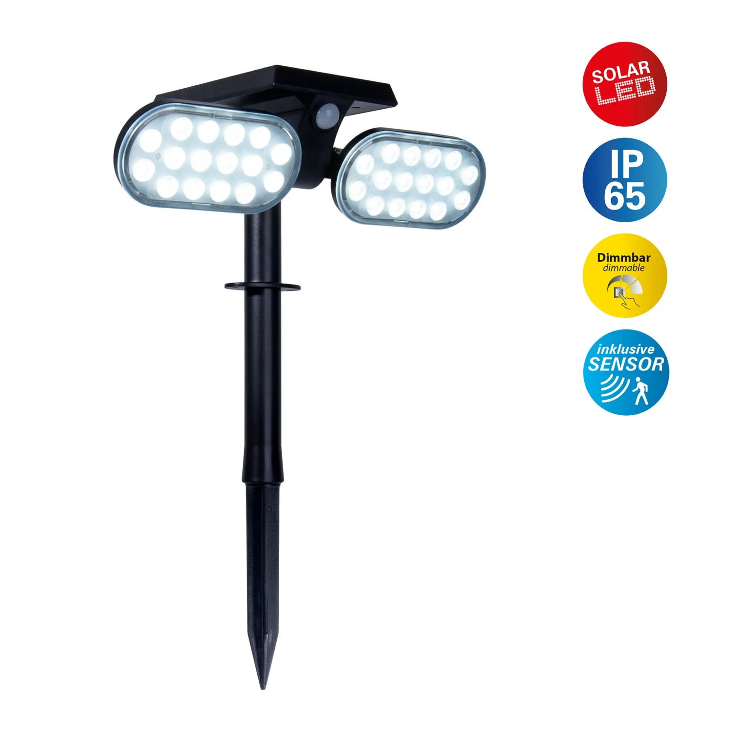 Schwarzer Näve LED Solarstrahler Paco mit Erdspieß und zwei Leuchtenköpfen.