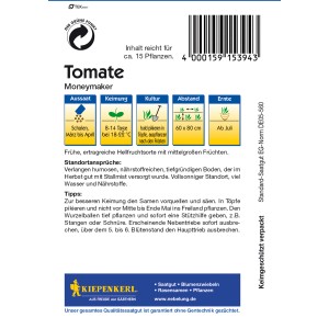 Kiepenkerl Tomaten Moneymaker Samenpackung mit Aussaat- und Erntehinweisen.