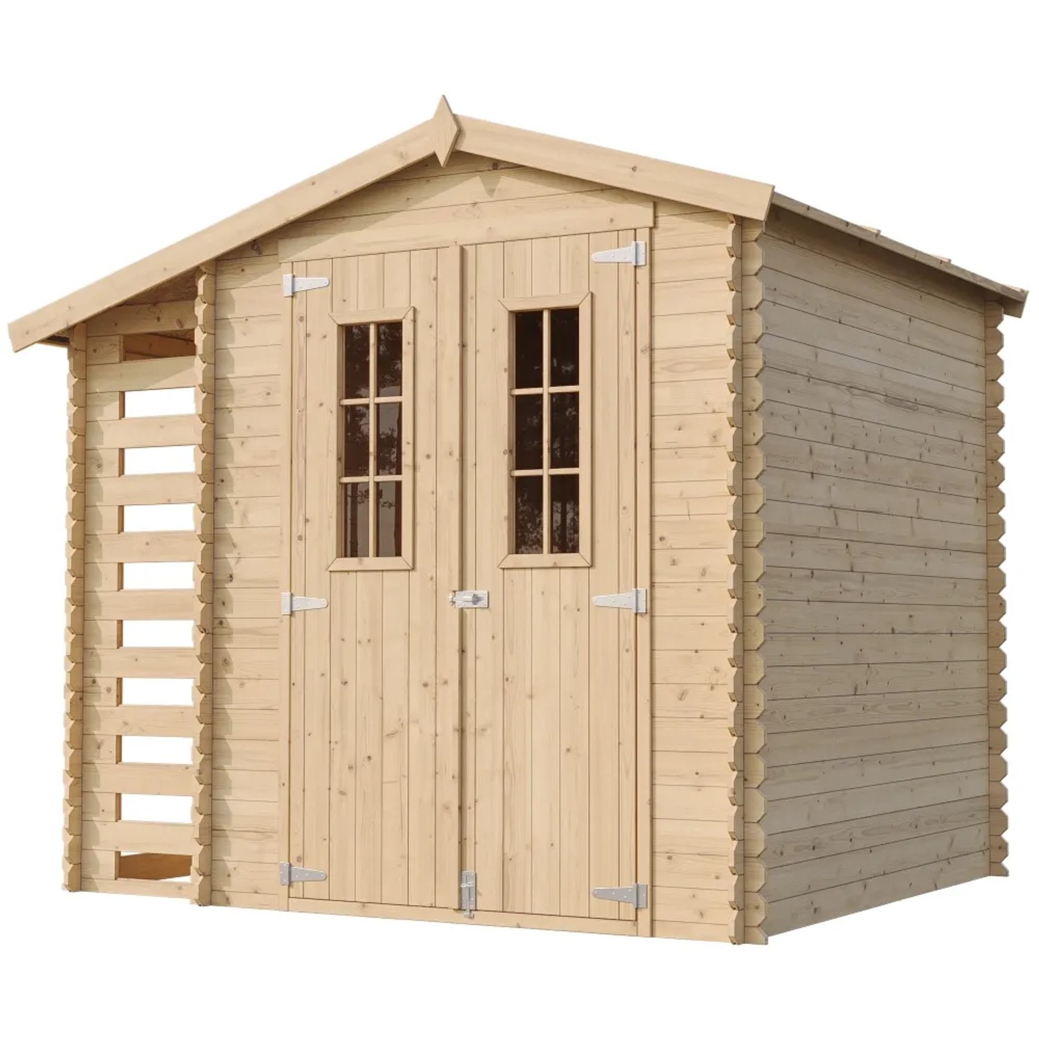 Timbela Holz-Gartenhaus M386C mit Brennholzregal, 4,5 m², unbehandeltes Holz.