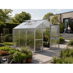 KGT Gewächshaus Alu blank mit Doppelstegplatten im Garten. Offene Tür, Dachfenster, Pflanzen für Gemüseanbau.