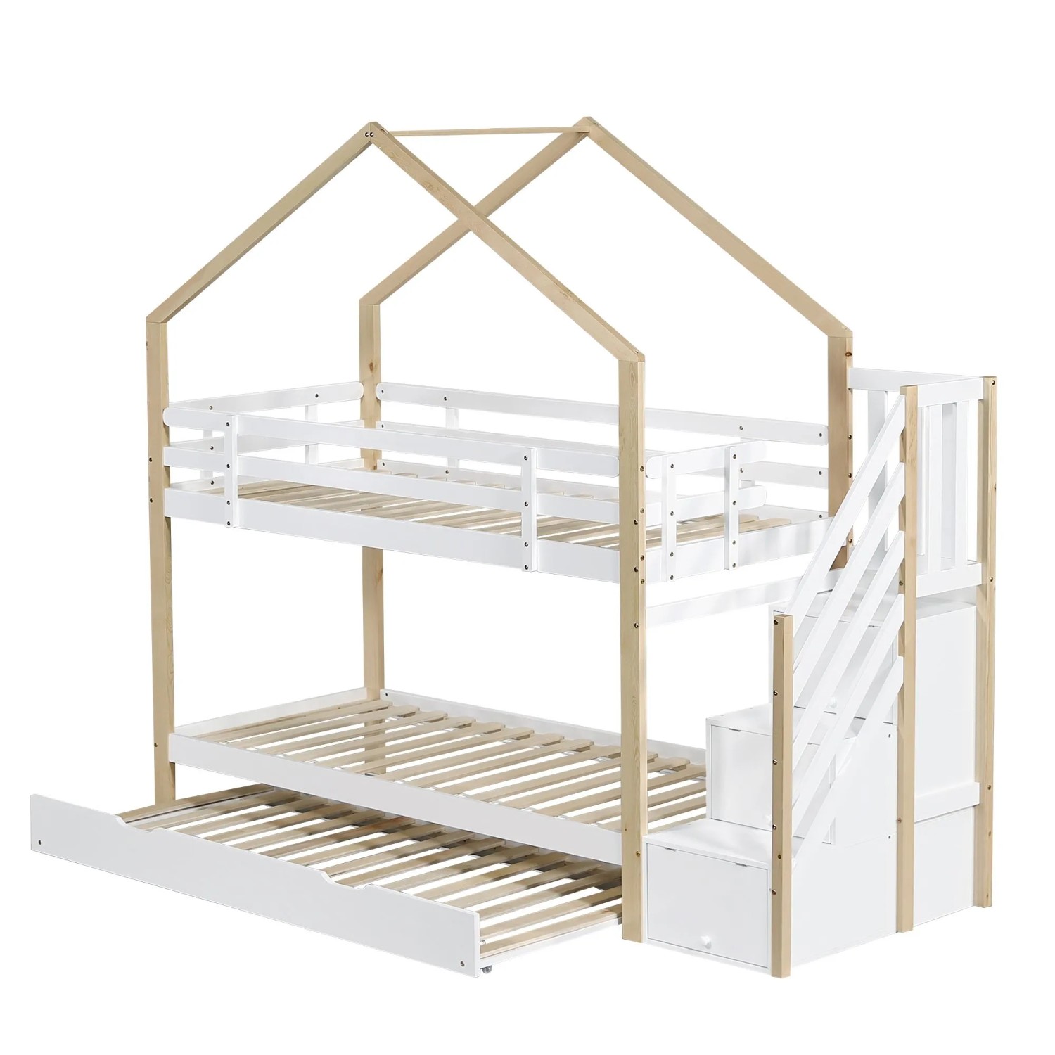 okwish Etagenbett 90x200cm mit Ausziehbett Treppe Schubladen Kinderzimmer Weiß ohne Matratze