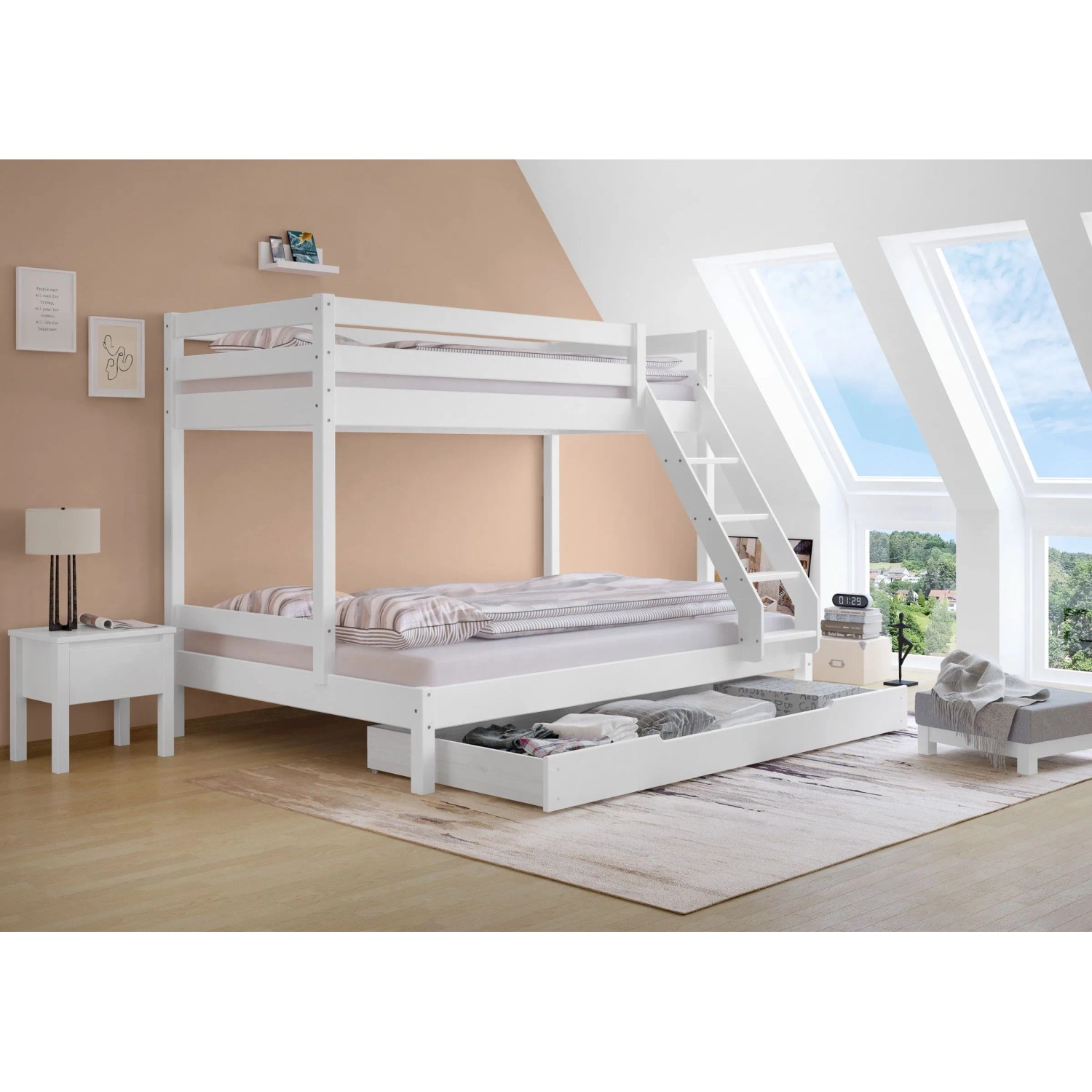 Erst-Holz Doppel-Etagenbett 90 x 200 cm und 140 x 200 cm Erwachsene Weiß Modell 18 Rollrost und Bettkasten inkl.