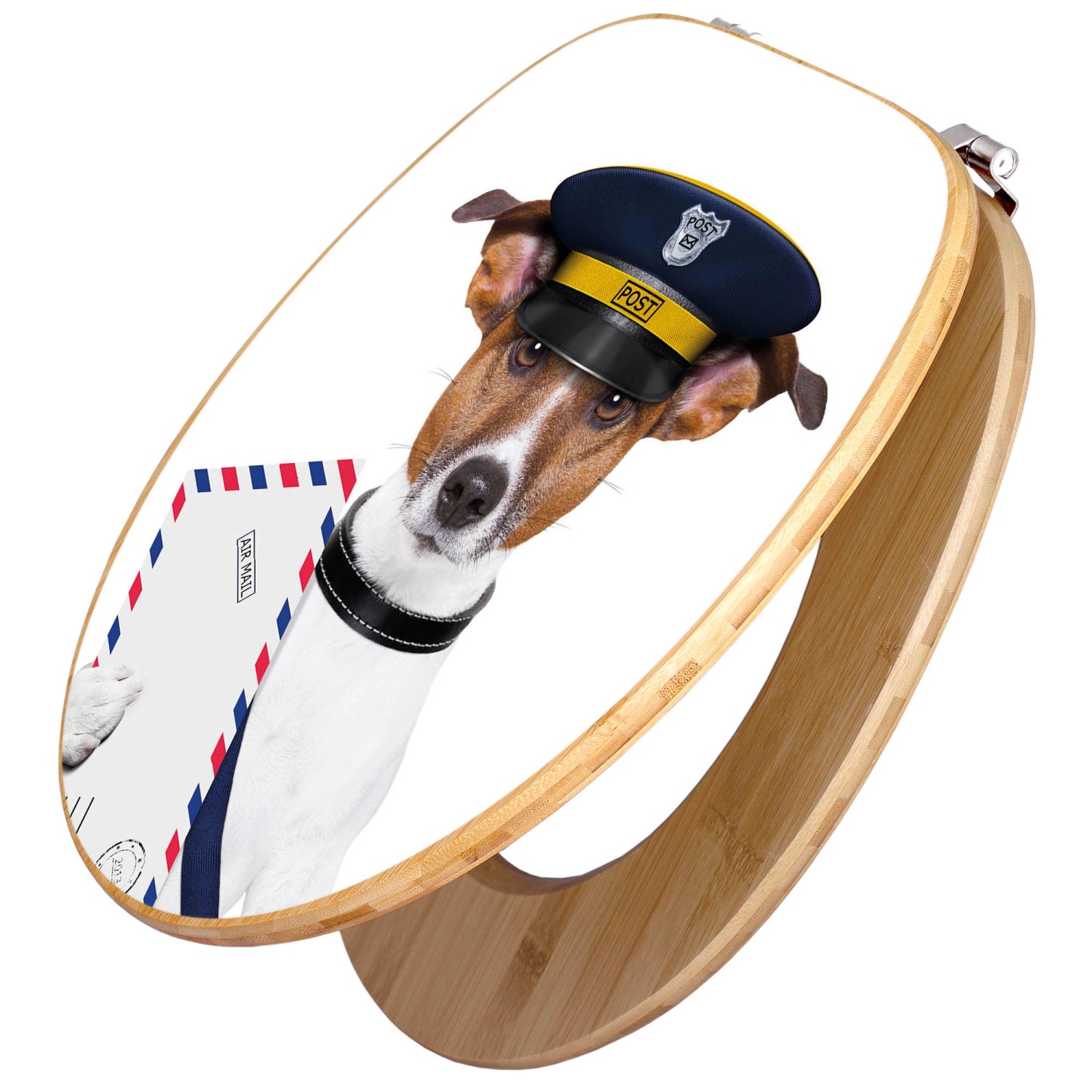 Banjado WC-Sitz aus Bambus mit Jack Russel als Postbote Motiv.