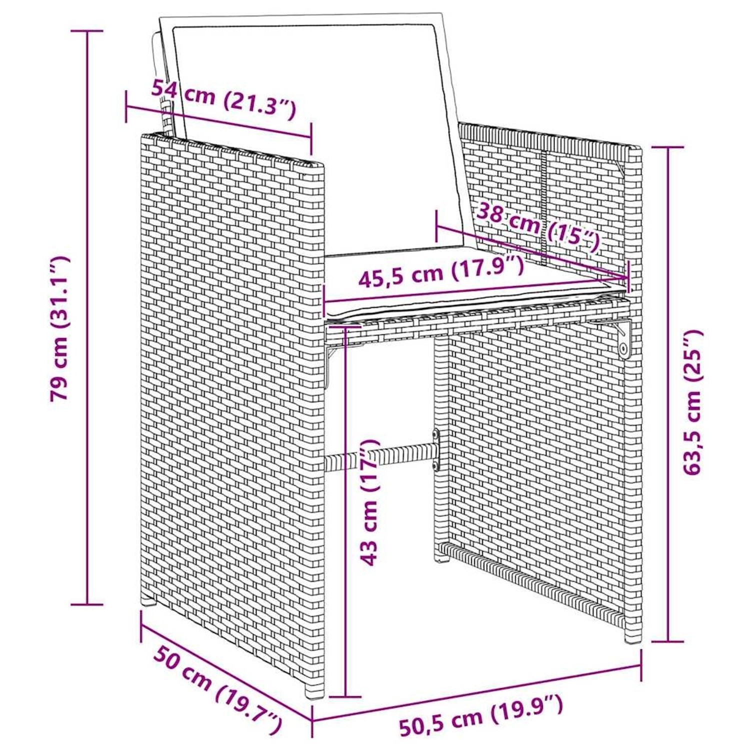 Detailaufnahme vidaXL Gartenstuhl aus Poly Rattan, beige, mit Maßangaben. Teil der 5-tlg. Essgruppe.