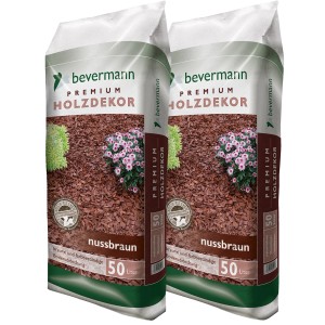 Zwei Säcke Bevermann Holzdekor Braun (2x50L) Dekormulch, nussbraune Farbe.