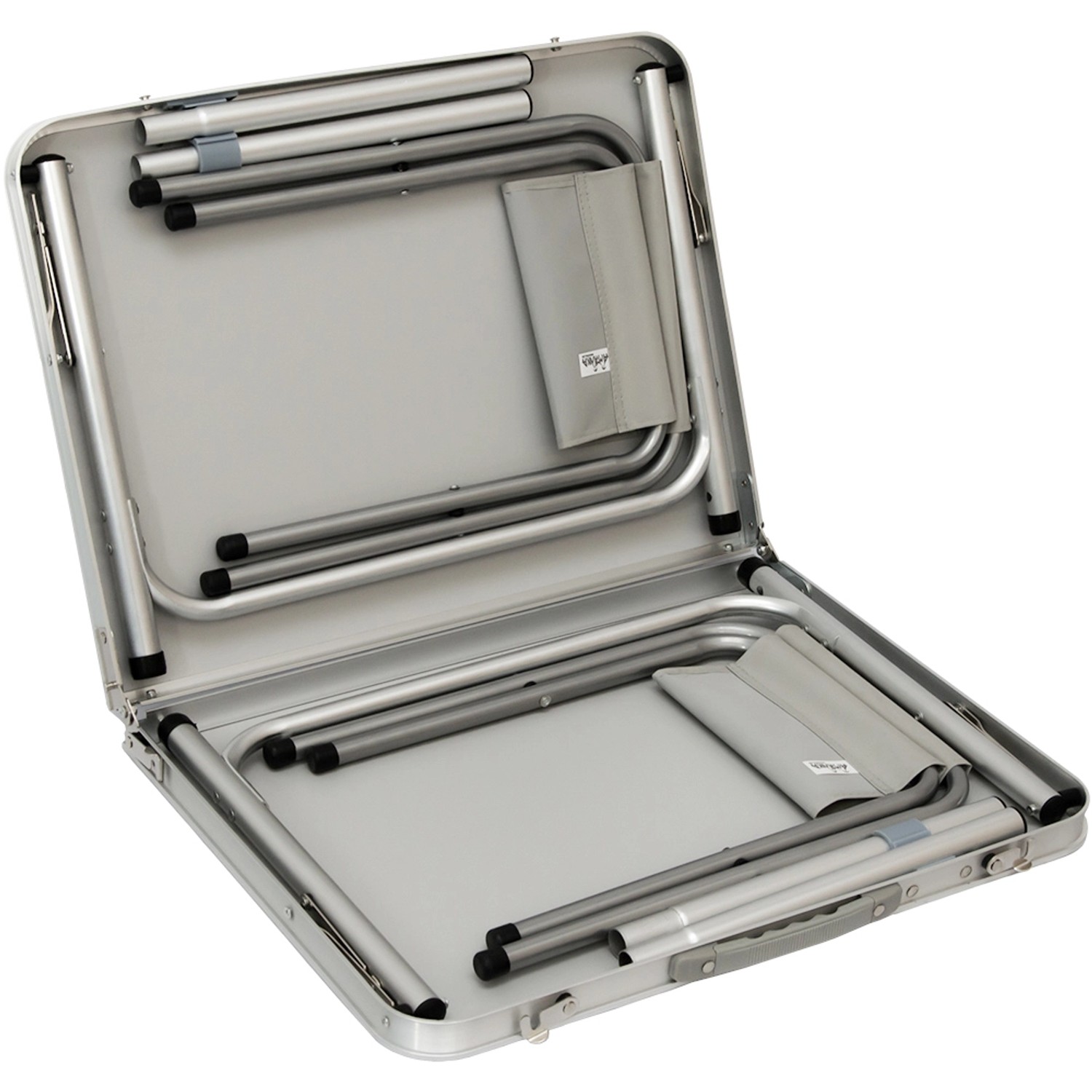 Zusammengeklappter, grauer AMANKA Campingtisch 90x60 mit 2 Hockern im Kofferformat. Ideal für Camping & Freizeit.