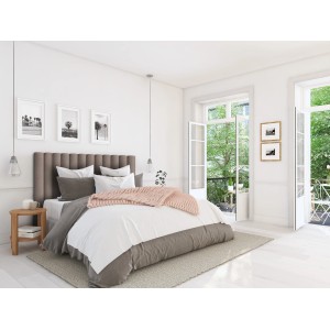 Schlafzimmer mit sandfarbenem Wandkissen Quadrat 30x30 als Kopfteil. Dekor-Paneel mit Stoffstruktur.