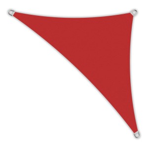 Weinrotes, dreieckiges Toldoro Sonnensegel 5x5x7,1m mit UV-Schutz und Edelstahlösen.