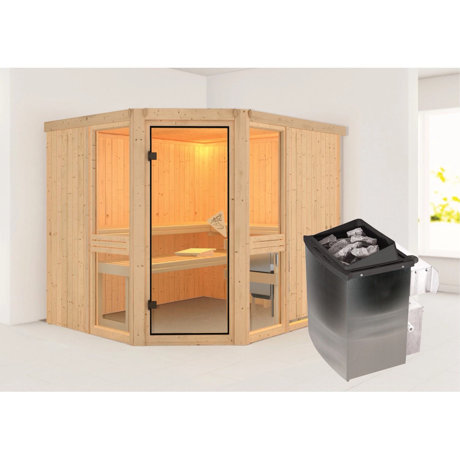 Karibu Sauna Anina 3 mit Ofen intergrierte Stg.Natur günstig online kaufen