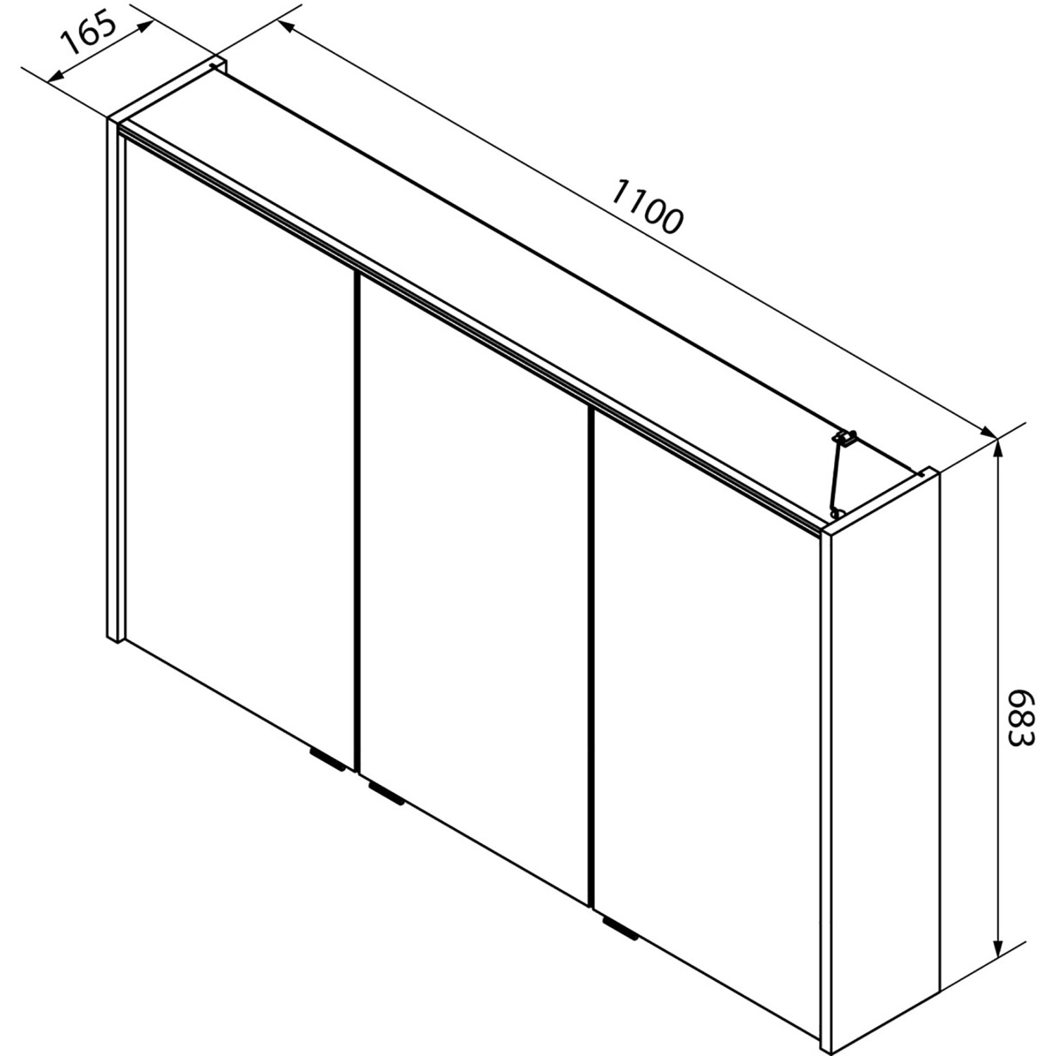 Fackelmann LED-Spiegelschrank Verona, 110 cm, 3-türig, Weiß Glanz, Schemazeichnung mit Maßen.