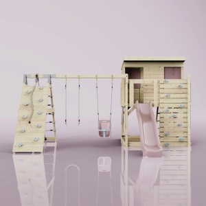 PolarPlay Spielturm Aksel altrosa mit Schaukel, Rutsche und Kletterwand.