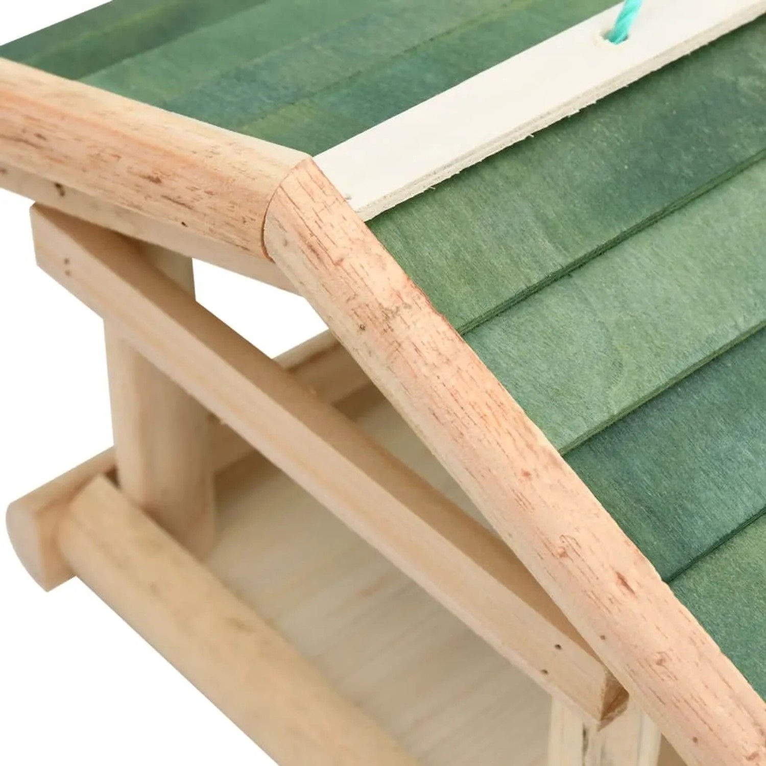 Detailaufnahme: VidaXL Vogelfutterhaus aus Holz mit grünem Dach zum Aufhängen.