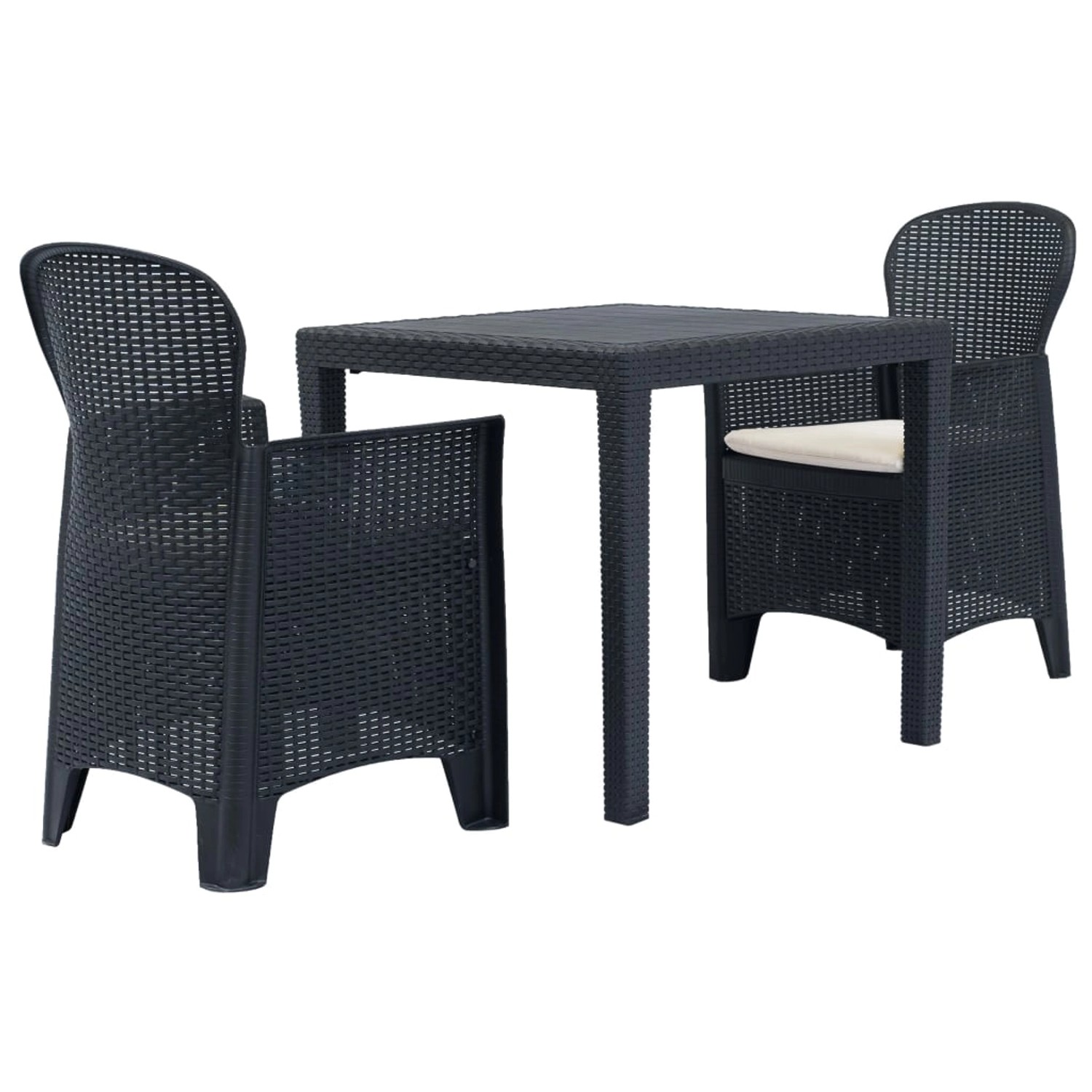 vidaXL Bistro-Set, 3-teilig, anthrazitfarbenes Kunststoff-Rattan, mit Tisch, 2 Stühlen und Sitzkissen.