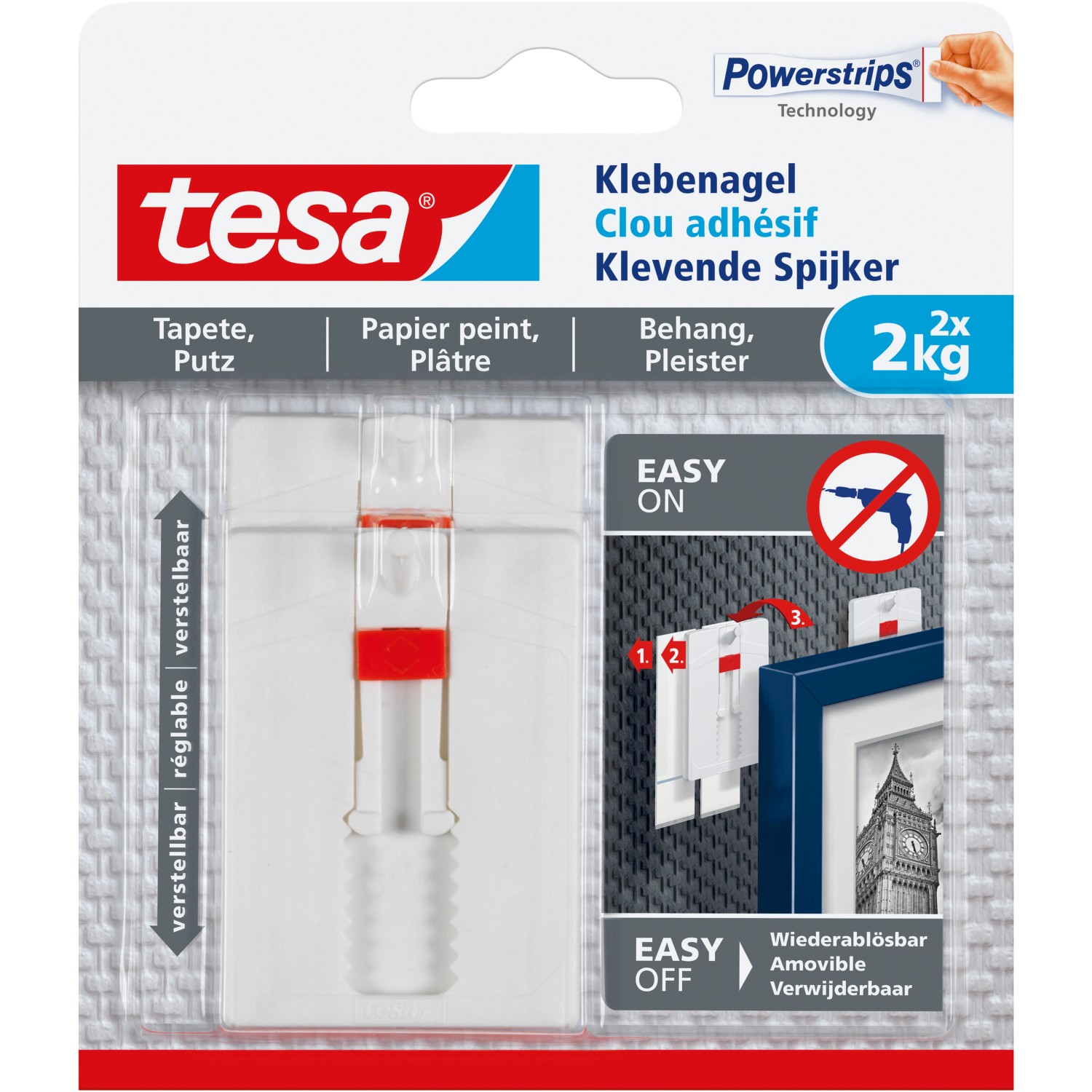 Tesa Klebenagel für Tapeten und Putz verstellbar (max. 2 kg)