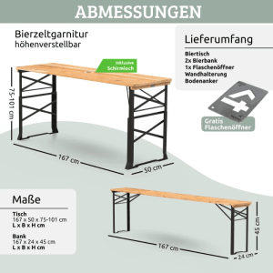 DELUKE Bierzeltgarnitur Höhenverstellbar Klappbar Holz 170cm RINHO 3 Teilig 2x Bierbank 1x Biertisch Festzeltgarnitur Biertisch Sitzgarnitur