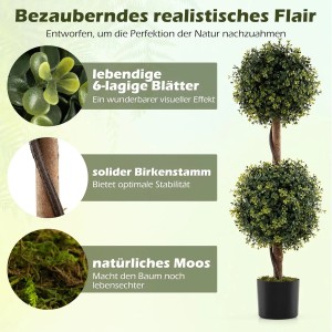 Grüner Kunstbaum 90 cm mit zwei Buchsbaumkugeln, sechslagigen Blättern, massivem Birkenstamm und Moos im Topf.