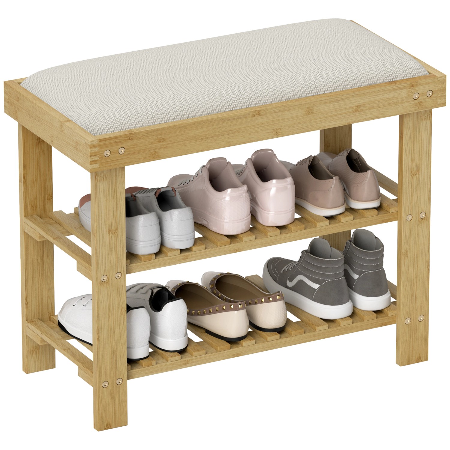 HOMCOM Schuhbank Bambus Polyester 60L x 29B x 49H cm Cremeweiß+Naturholz günstig online kaufen