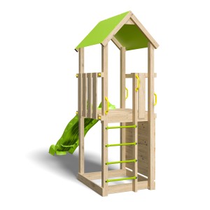 Trigano Spielturm Sunny Xperience mit Rutsche, Kletterwand und Sandkasten. Holz mit grünen Akzenten.