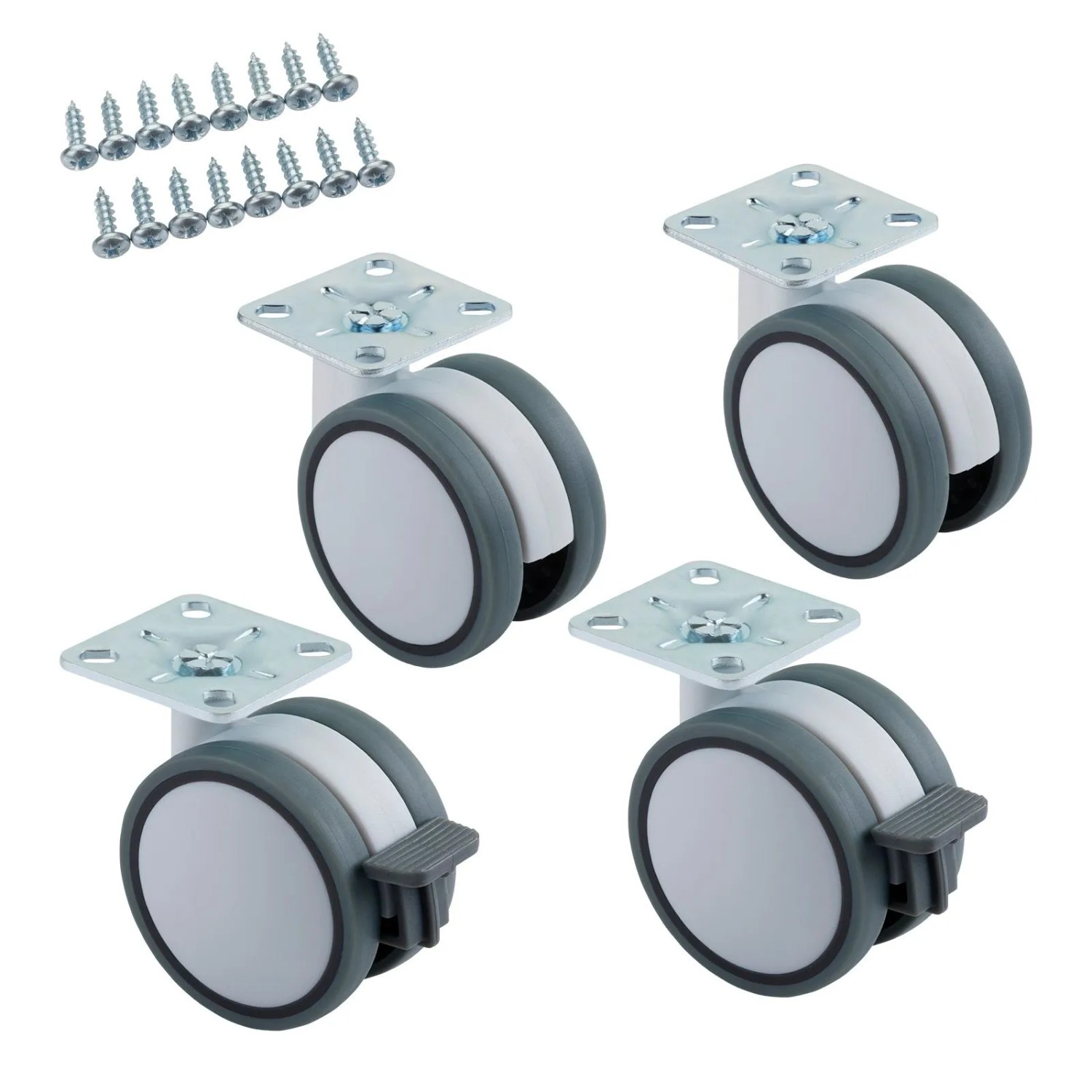 SOTECH 4er Set Möbelrolle HAMM Ø63 mm Höhe 74,5 mm Weiß Grau 2x Ohne und 2x mit Bremse Anschraubplatte 47 x 47 mm inkl. ...