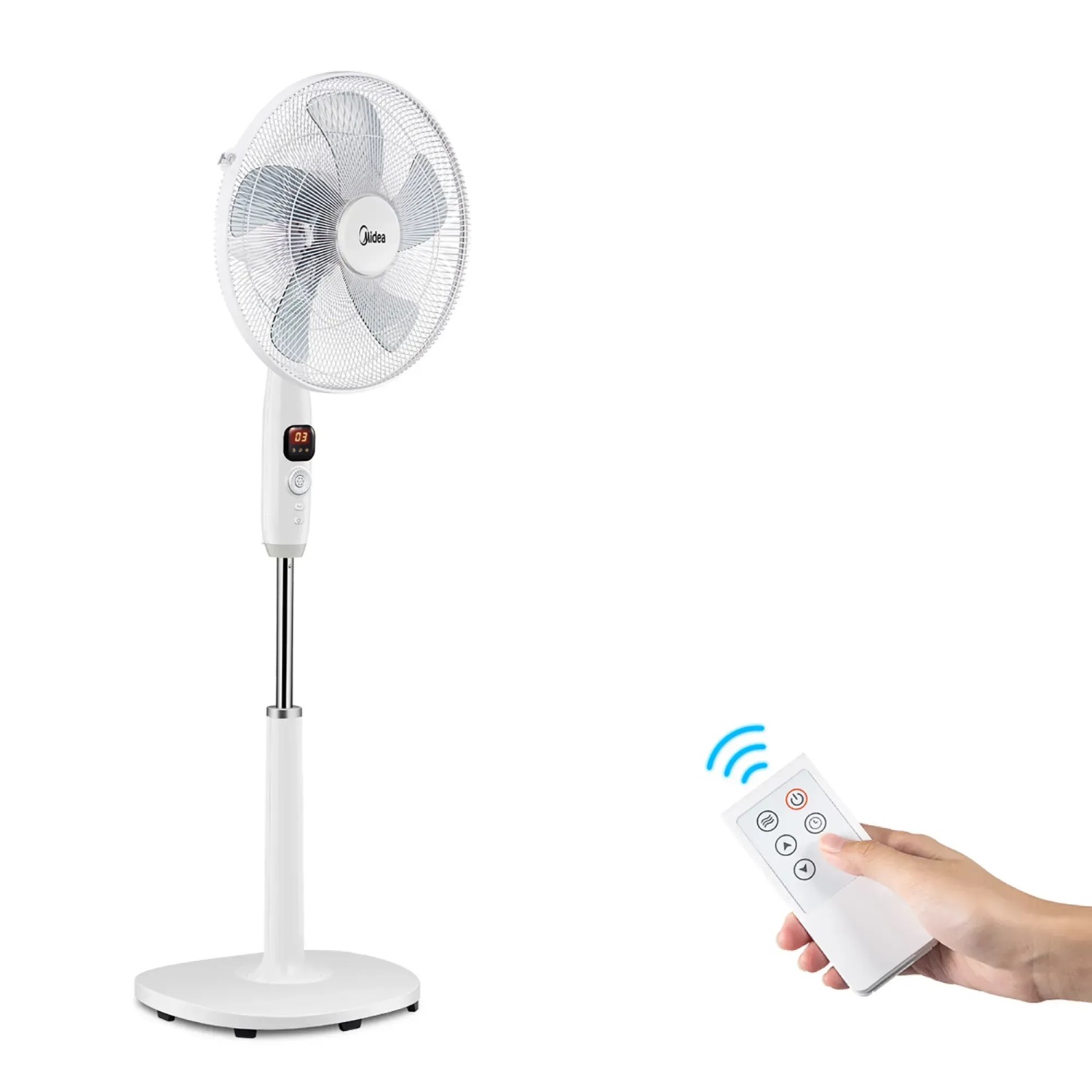 Weißer Midea Standventilator FS40-16CR mit Fernbedienung.
