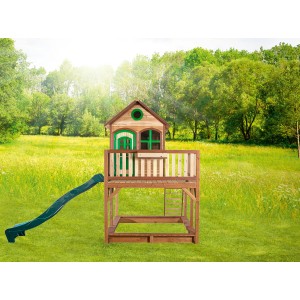 Axi Liam Spielhaus aus Holz mit grüner Rutsche im Garten. Spielturm für Kinder.