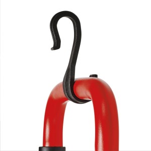 Robuster schwarzer Befestigungshaken an der roten Einhell Akku-Lampe für flexiblen Einsatz.