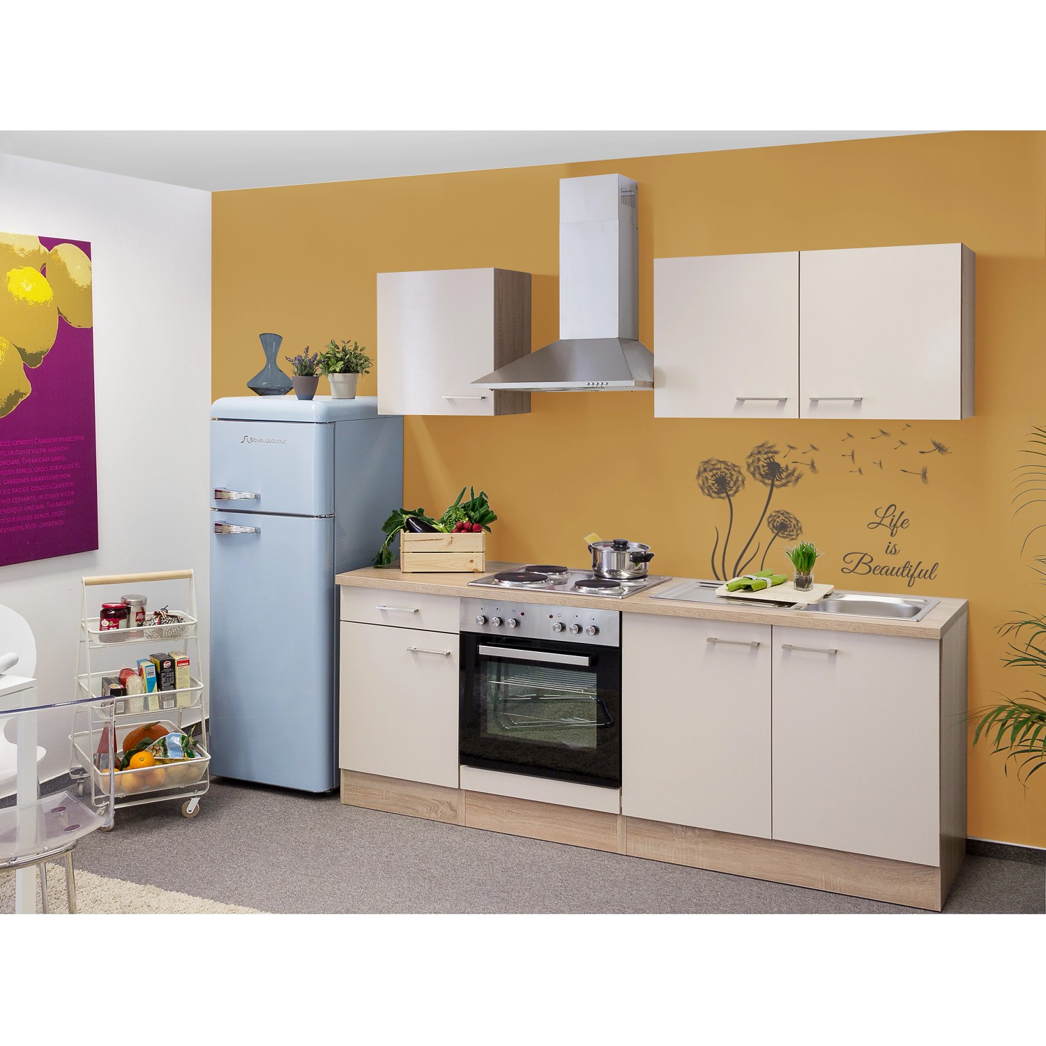 Flex-Well Exclusiv Küchenzeile/Küchenblock Orlando 210 cm Kaschmir Glanz-Sonoma Eiche