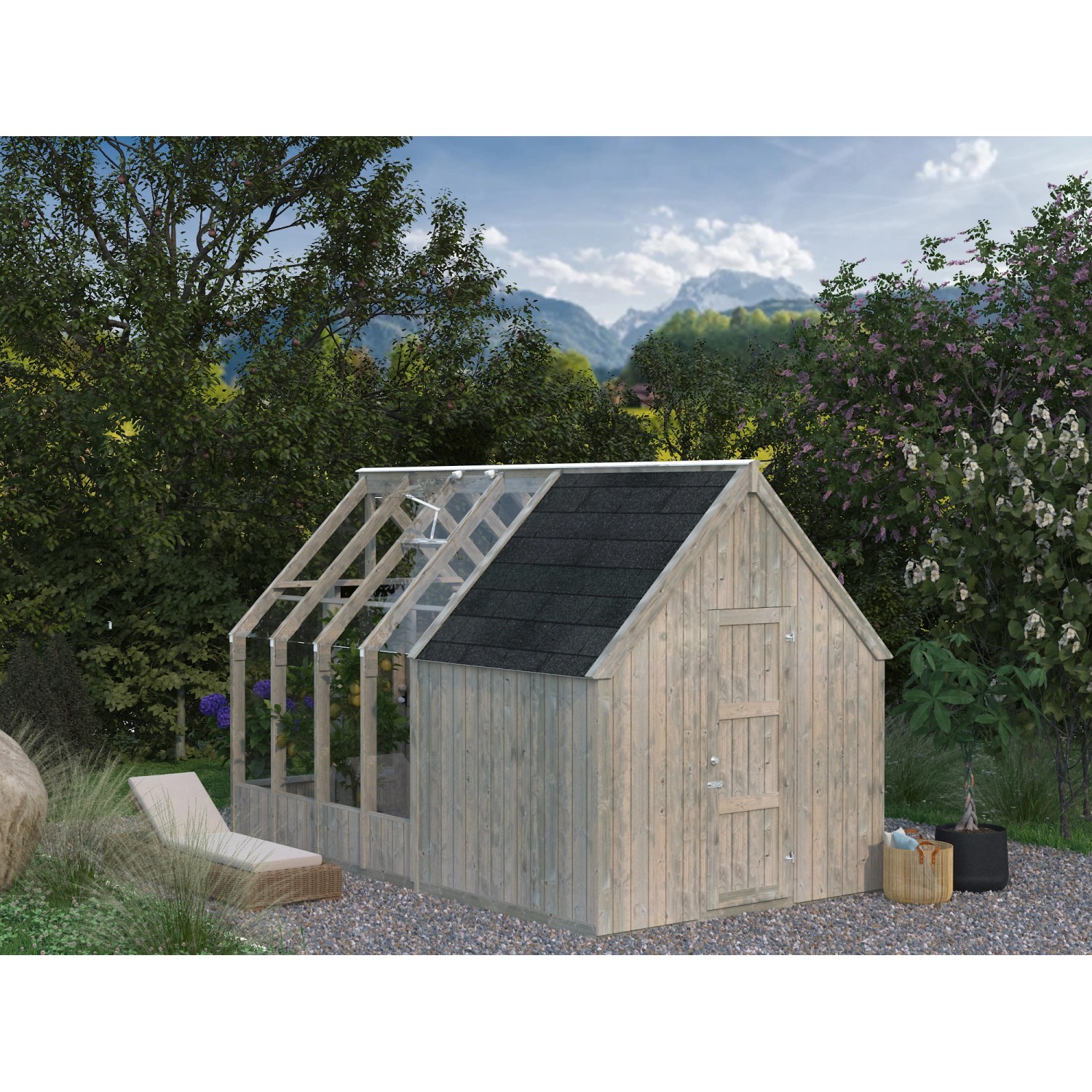 Graues Palmako Geräteraum Emilia Gartenhaus (4 m²) mit Anbau und dunklem Dach vor Gartenkulisse.