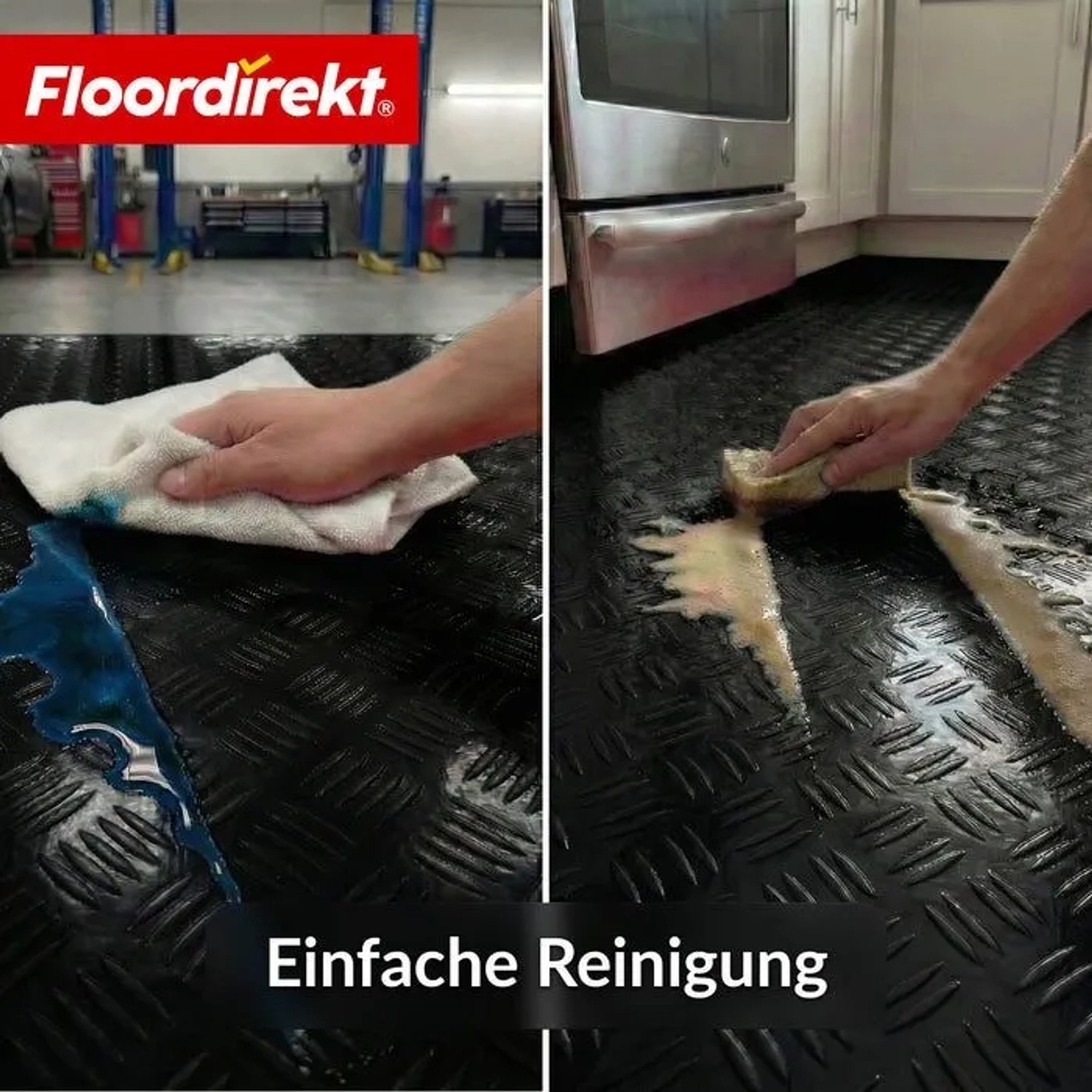 Reinigung von schwarzem PVC-Bodenbelag in Riffelblech-Optik. Rutschfest und pflegeleicht.