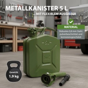 TRUTZHOLM 1x Benzinkanister Kraftstoffkanister Metall 5 Liter Mit Ausgießer Olivgrün
