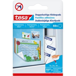 Tesa Klebepads für Glas, doppelseitig, transparent, zum Befestigen von Deko auf Glasflächen.