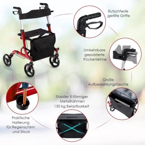 Costway Rollator Faltbar und Leicht 2-In-1 Ruhestuhl & Reiserollator Rot