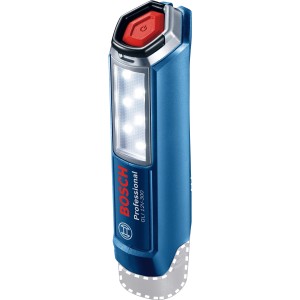 Bosch Professional Akku-Lampe GLI 12V-300: Blaue Handleuchte mit LED-Lichtern und rotem Knopf.