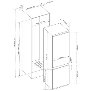 Maße der Telefunken Einbau Kühl-Gefrierkombination 144cm Nische als Schemazeichnung.
