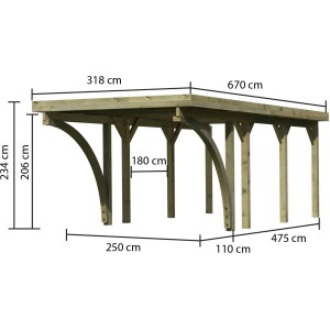 Karibu Einzelcarport Classic aus Holz, kesseldruckimprägniert, mit Maßangaben.
