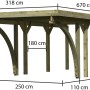 Karibu Einzelcarport Classic aus Holz, kesseldruckimprägniert, mit Maßangaben.