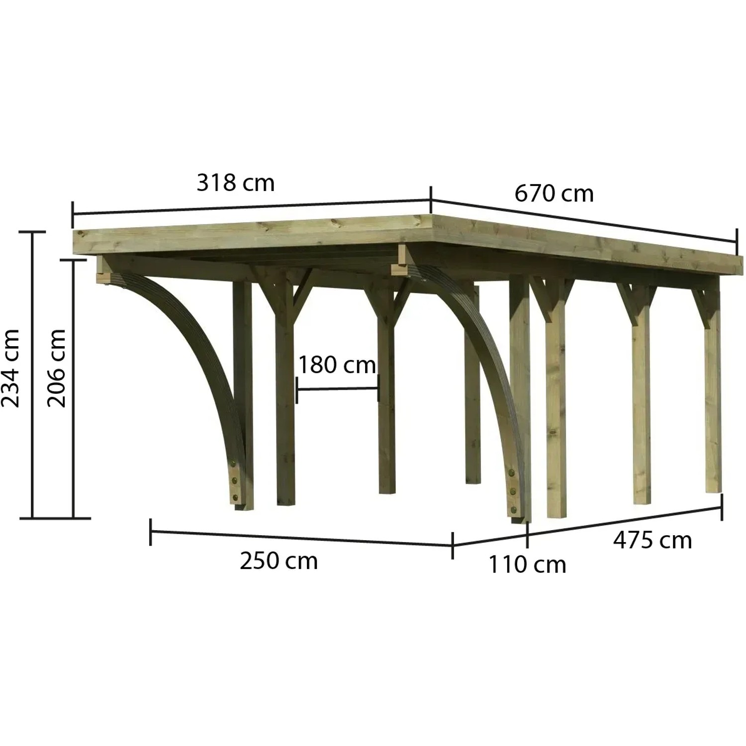 Karibu Einzelcarport Classic aus Holz, kesseldruckimprägniert, mit Maßangaben.