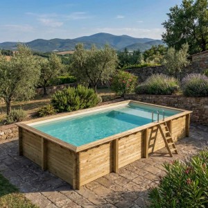 ALTANKA Holzpool Aqua 8,5x4,35 Höhe 1,45 m SANDFARBEN mit Liegefläche mit Einzubetonierendem Profil BAS7309OSPI3+PLA309