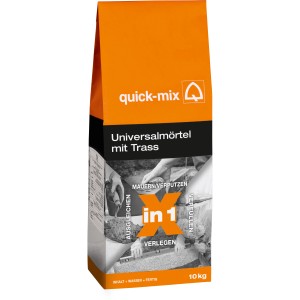 Quick-Mix Universalmörtel X in 1 mit Trass, 10 kg Sack, grau. Vielseitig einsetzbarer Trockenmörtel.