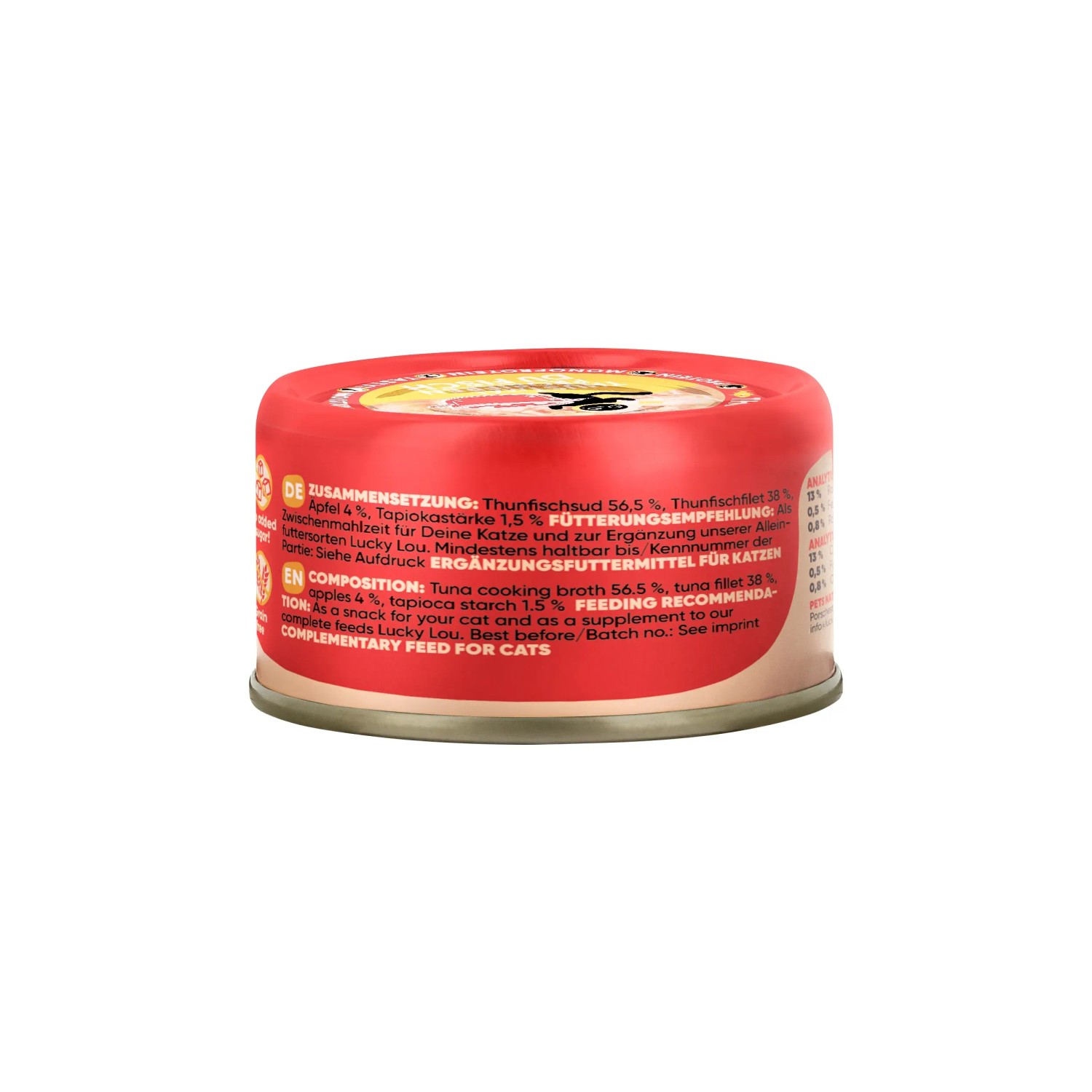 Lucky Lou Katzen-Nassfutter Thunfisch Apfel, 70g Dose. Ergänzungsfutter für Katzen.