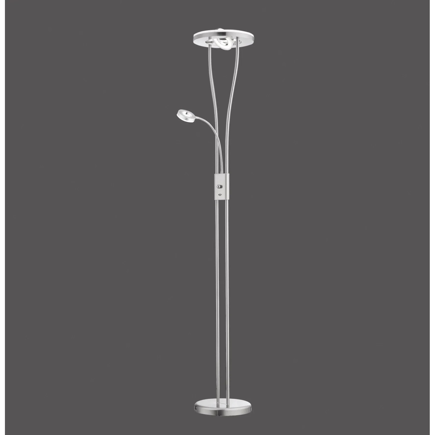 Moderner LED-Deckenfluter Helia aus Stahl, gebürstet, mit Leseleuchte. Höhe ca. 187,5 cm.