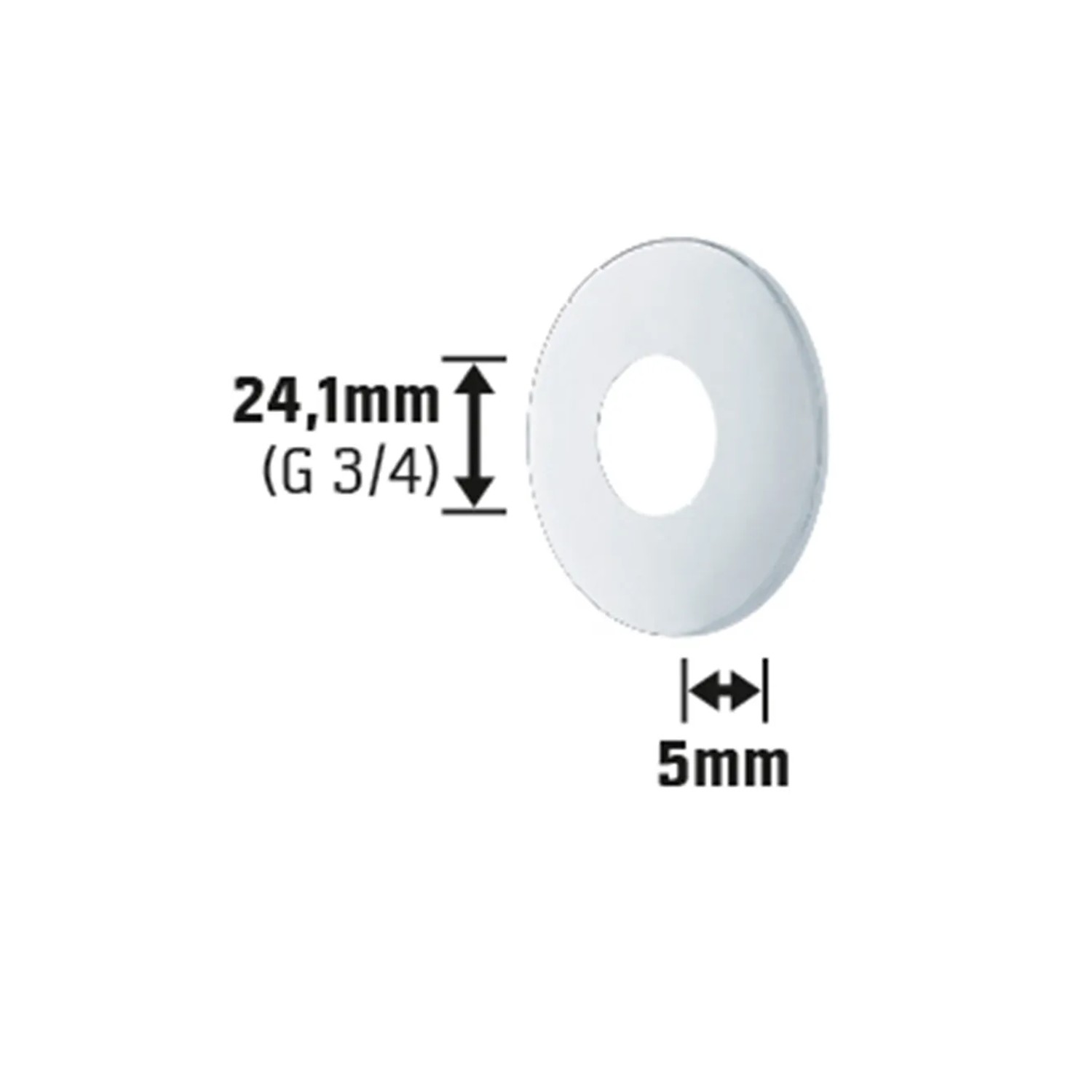Verchromte Scharnierrosette, Ø 24,1 mm (G 3/4), 5 mm stark, zur Abdeckung von Wanddurchbrüchen.